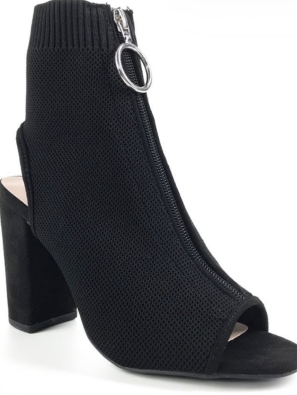 Qupid Women's Black Peep-Toe Zip Knit Ankle Bootie